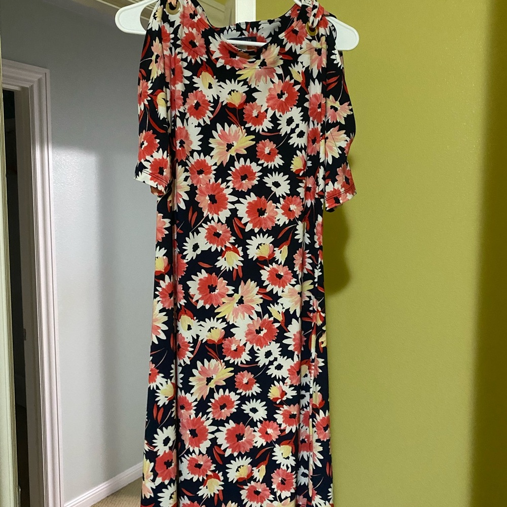 Tommy Hilfiger Floral Cold Shoulder Midi Dress - Red and White